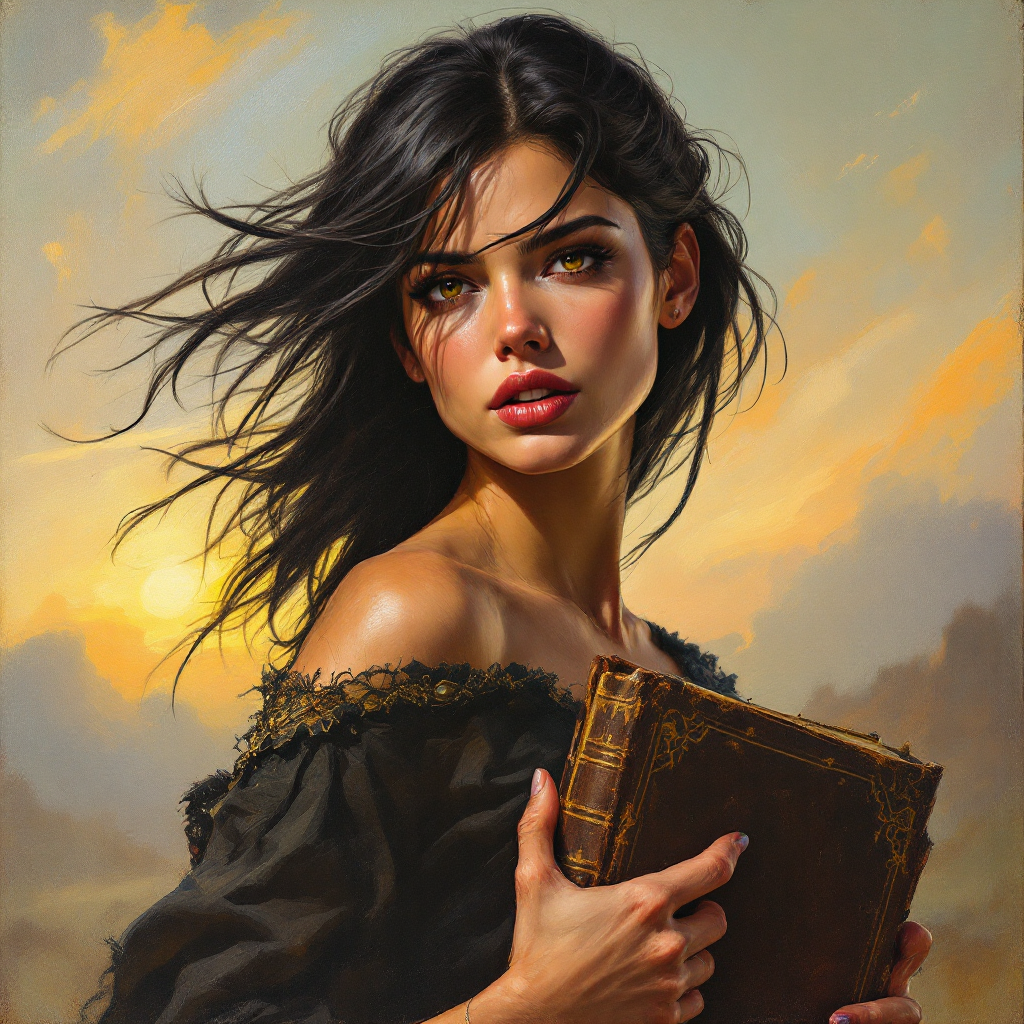 A determined young woman stands holding an old book, with the wind tousling her hair and a dramatic sunset behind her, embodying the spirit of the quote about seizing power.