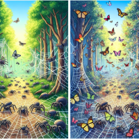 A split image of a forest path, the left side filled with spiders and webs, the right side teeming with colorful butterflies on similar webs, inspired by a quote contrasting spiders with butterflies.