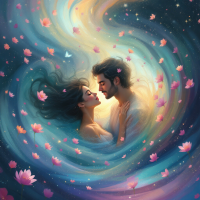 A romantic scene depicting a couple embracing amidst swirling colors and floating petals, capturing the essence of falling into love.