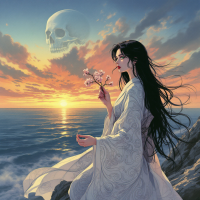 A serene figure in flowing white holds delicate flowers, gazing at a sunset over the ocean, with a looming skull in the sky, reflecting the quote about fearing death and life.