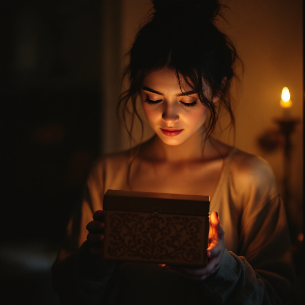 A young woman softly illuminated by candlelight gazes thoughtfully at an ornate box, embodying the poignant sentiment of fearing a life without love.