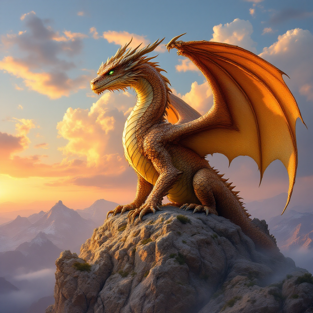 A majestic dragon with striking golden scales and large, outstretched wings stands atop a rocky peak, gazing out at a vibrant sunset, embodying the pursuit of power over gold.