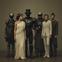 A woman in a flowing white gown stands amid four robotic figures and two men in suits, embodying the idea that people can be surprisingly different from our expectations.