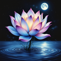 A radiant lotus flower blooms in dark water, its petals glowing softly under a bright moon, embodying the quote, Hope is the thing that takes root and grows in the darkest of places.