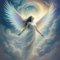 A celestial figure with radiant wings and flowing white garments stands amidst clouds, embodying the duality of love's joy and pain, inspired by the quote on love's complexities.