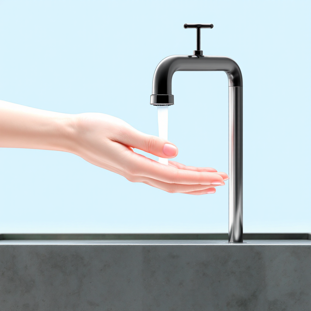 A hand is shown under a modern faucet, with water flowing from it against a light blue background, emphasizing the importance of keeping hands clean.