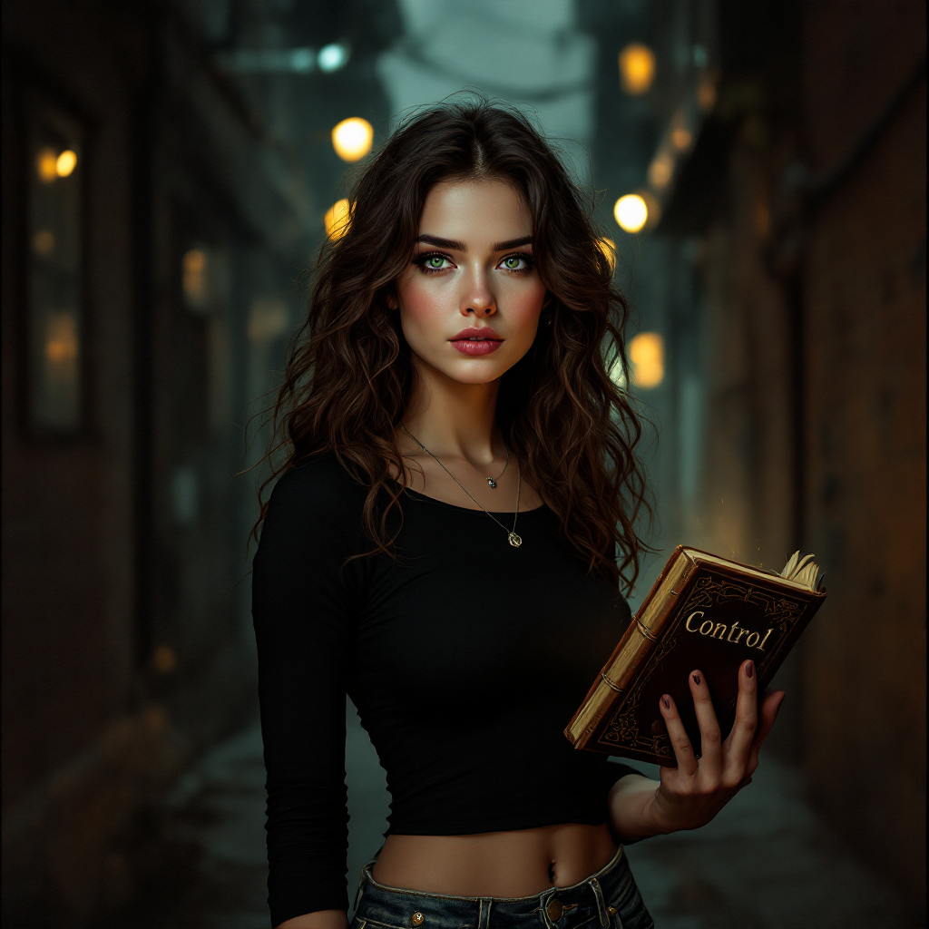 A young woman stands in a dimly lit alley, holding an ancient book titled Control. Her intense expression suggests she possesses a hidden power tied to the quote about controlling words.