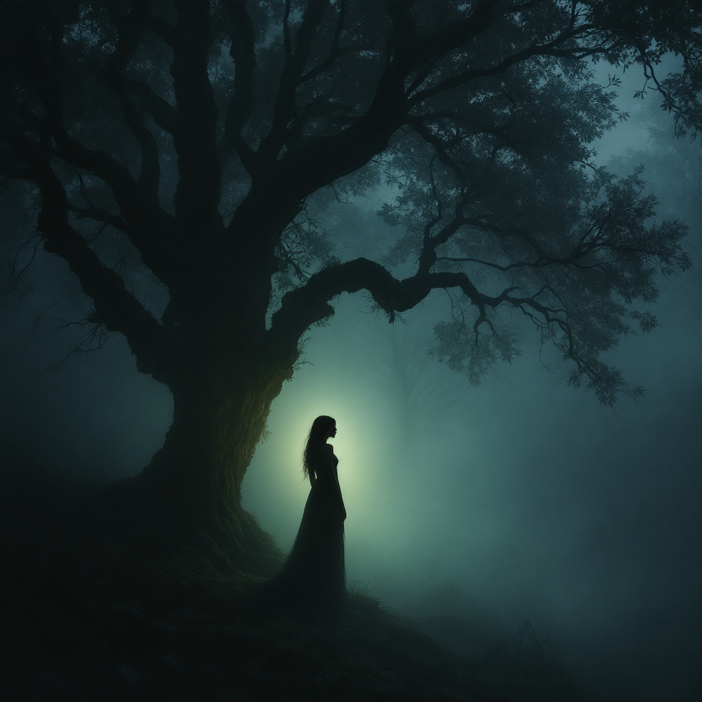 A silhouette of a woman in a long dress stands near a large, gnarled tree, bathed in an eerie, greenish light amid a foggy forest, embodying a story waiting to be told.