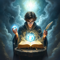 A young scholar in a dark cloak holds glowing orbs and a quill, studying an ancient book surrounded by swirling clouds and light, embodying the dual nature of knowledge.