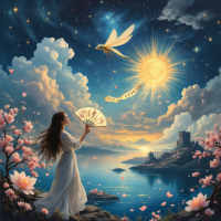 A serene scene depicts a woman holding a fan, standing near a tranquil body of water. Above her, a radiant sun and a dragonfly illuminate the sky, surrounded by blossoming trees and a distant castle.