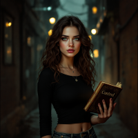 A young woman stands in a dimly lit alley, holding an ancient book titled Control. Her intense expression suggests she possesses a hidden power tied to the quote about controlling words.