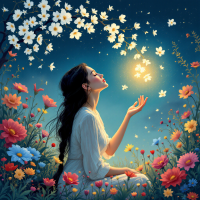 A woman in a white dress sits among vibrant flowers, her hand reaching towards glowing butterflies and blossoms, embodying the essence of forgiveness as depicted in the quote.