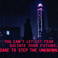 A silhouetted figure in a hat stands in the rain against a futuristic city skyline, with glowing pink text that reads: You can’t let fear dictate your future. Dare to step into the unknown.