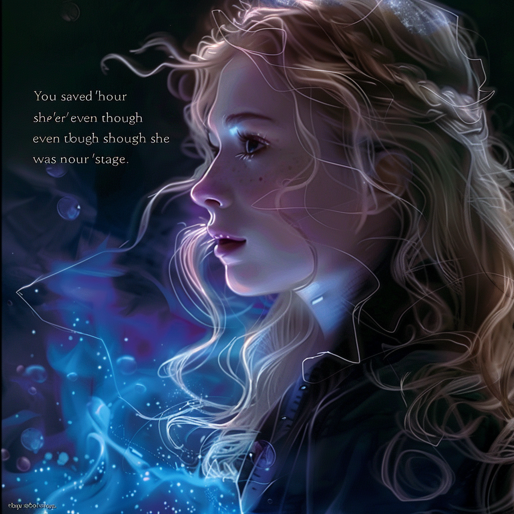 A digitally illustrated girl with flowing blonde hair, gazing to the side amidst swirling blue light. Text in the background reads, You saved her, even though she wasn't yours to save.