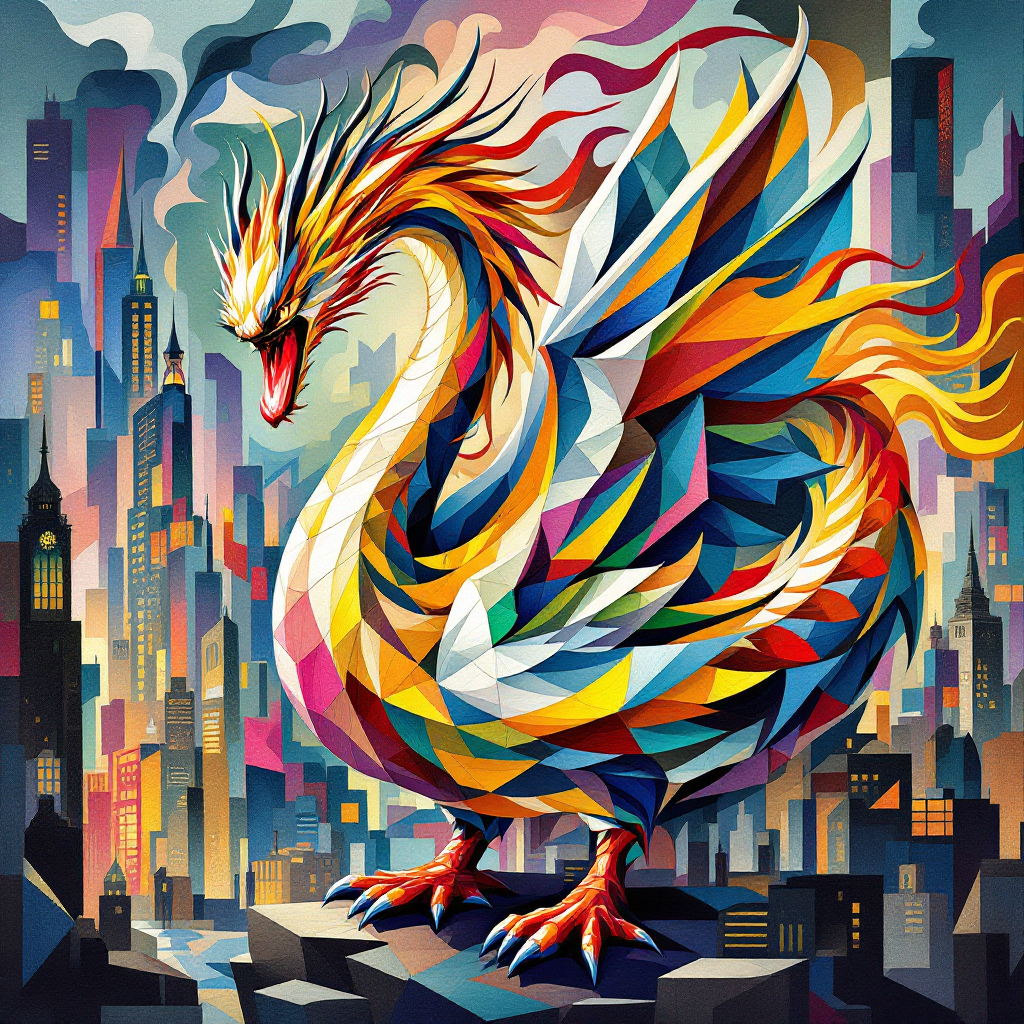 A vibrant, geometric dragon stands atop a city skyline, embodying transformation and change, reflecting the quote, Things don’t have to stay as what they started out as.