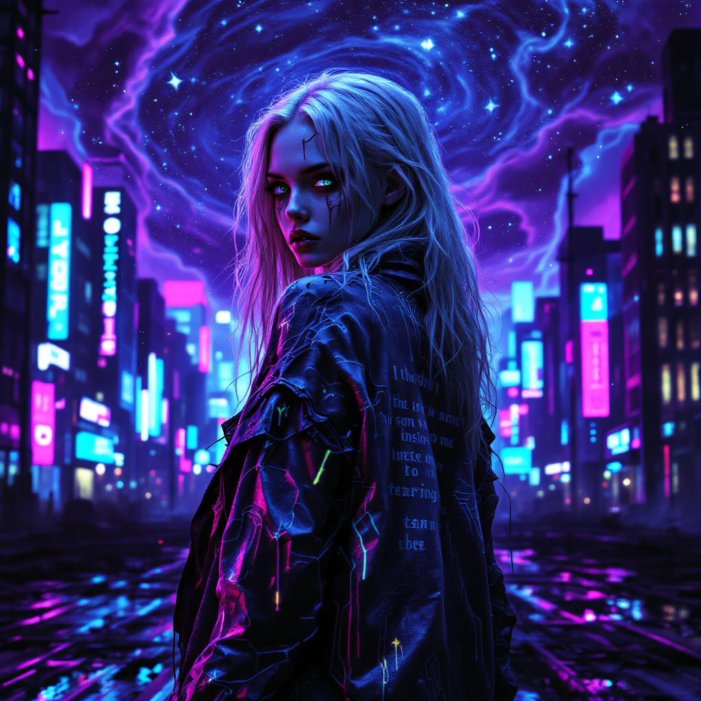 A futuristic cityscape glows with neon lights as a young woman in a leather jacket gazes over her shoulder, embodying the intense emotions of the quote about an inner song tearing her apart.