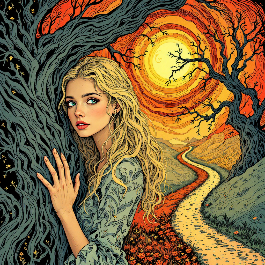 A young woman with long, flowing blonde hair stands beside a gnarled tree, gazing thoughtfully as a winding path leads into a vibrant, autumnal landscape under a glowing sun.