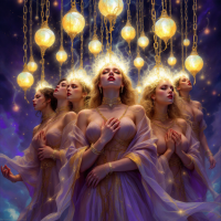 A group of ethereal figures, each adorned in flowing garments, stands amid glowing orbs and chains, embodying the quote about being prisoners of desires and ambitions.