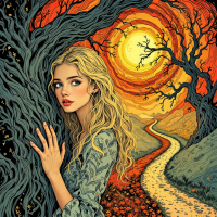 A young woman with long, flowing blonde hair stands beside a gnarled tree, gazing thoughtfully as a winding path leads into a vibrant, autumnal landscape under a glowing sun.