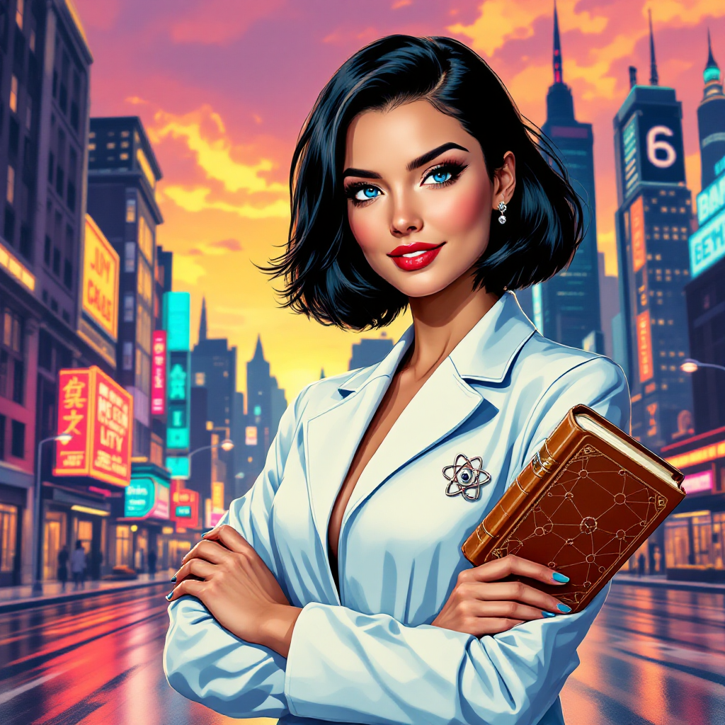 A confident woman in a white lab coat stands in a vibrant city street at sunset, holding a book, embodying resilience and the pursuit of a full life despite challenges.