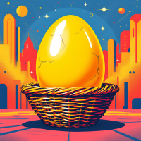 A vibrant illustration featuring a large, cracked yellow egg nestled in a woven basket, set against a colorful urban skyline and starry sky, reflecting themes of control and risk.