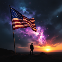 A silhouette of a soldier stands before a vibrant sunrise, with a large American flag waving, symbolizing the call for action in true patriotism against a cosmic backdrop.