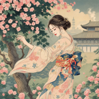 A serene woman in a flowing kimono dances gracefully among blossoming cherry trees, embodying the essence of mastering life's rhythm against a tranquil backdrop.