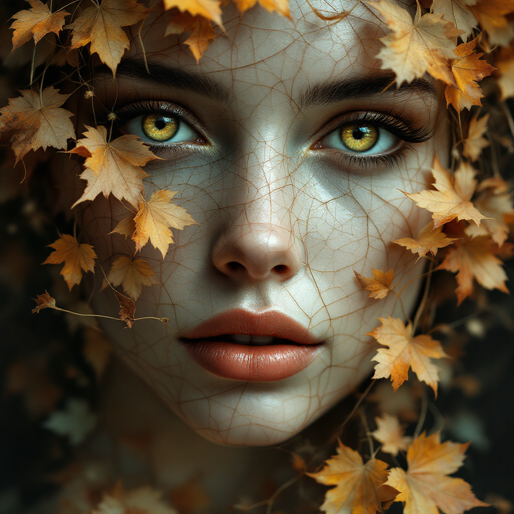 A close-up of a woman's face framed by autumn leaves, her striking green eyes gaze thoughtfully, embodying the idea that the past influences our present decisions.