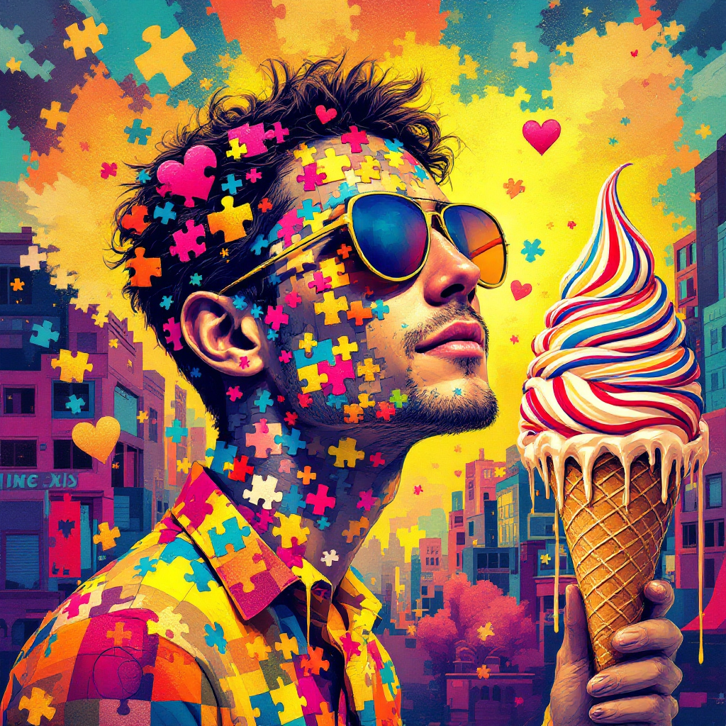 A colorful scene features a young man in sunglasses, surrounded by vibrant puzzle pieces and hearts, holding a swirled ice cream cone, embodying the essence of desires.