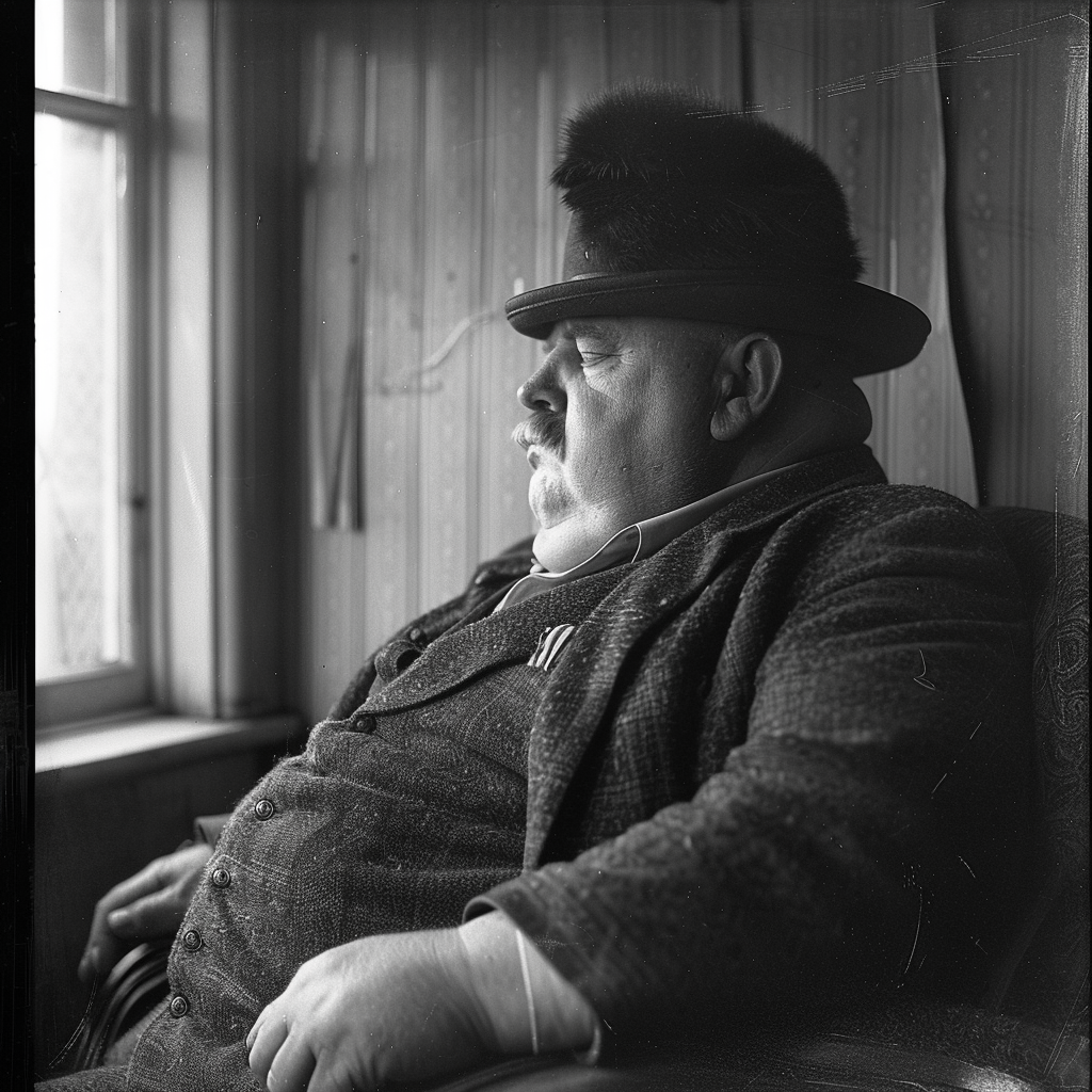 A stout, middle-aged man with a fur hat and a worried expression sits near a window, dressed in a worn-out suit and showing a pronounced belly.