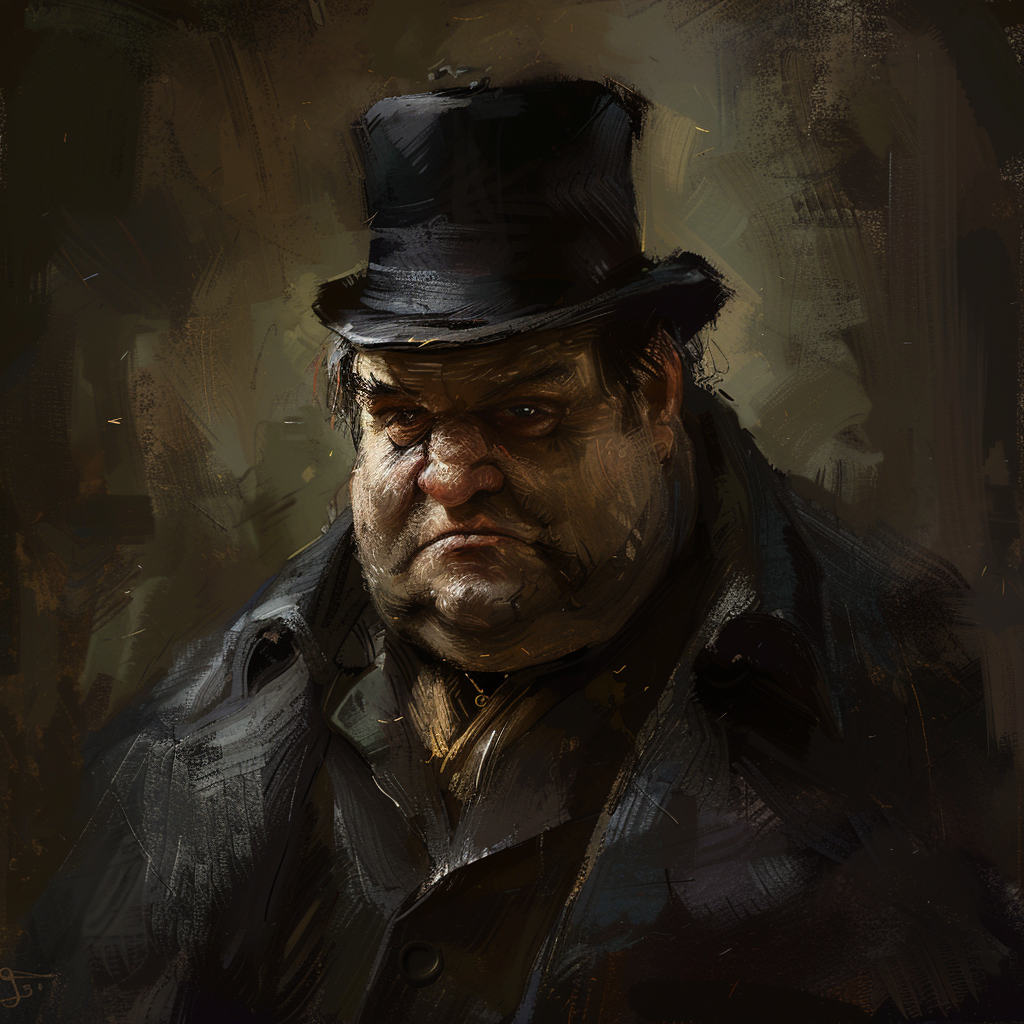 An illustration of a stout, nervous man with a fur hat, shabby clothing, and a worried expression, captured in a dimly lit setting. He appears around forty and embodies worry and weariness in his demeanor.