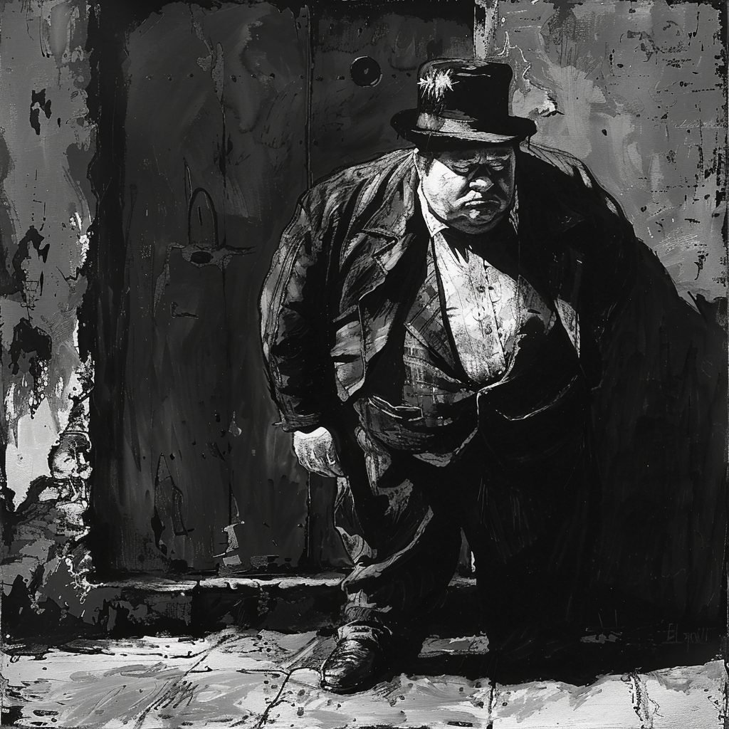 A stout, middle-aged man, dressed in shabby clothing and a small fur hat, stands nervously against a weathered door, embodying the description from the book quote provided.