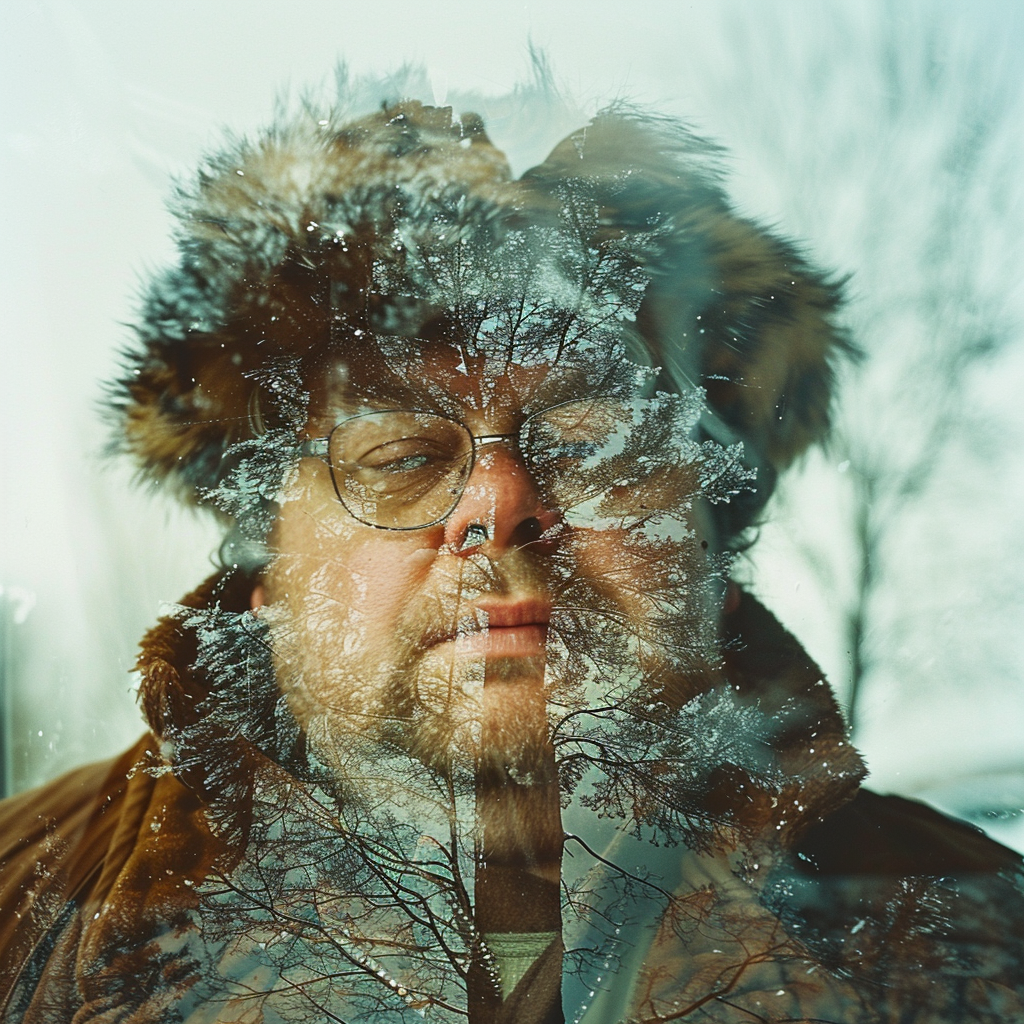 A middle-aged, stout man with round glasses and a fur hat looks through a frosty window, reflecting his worried and shabby demeanor. He wears a coat, hinting at his role working for the local council.