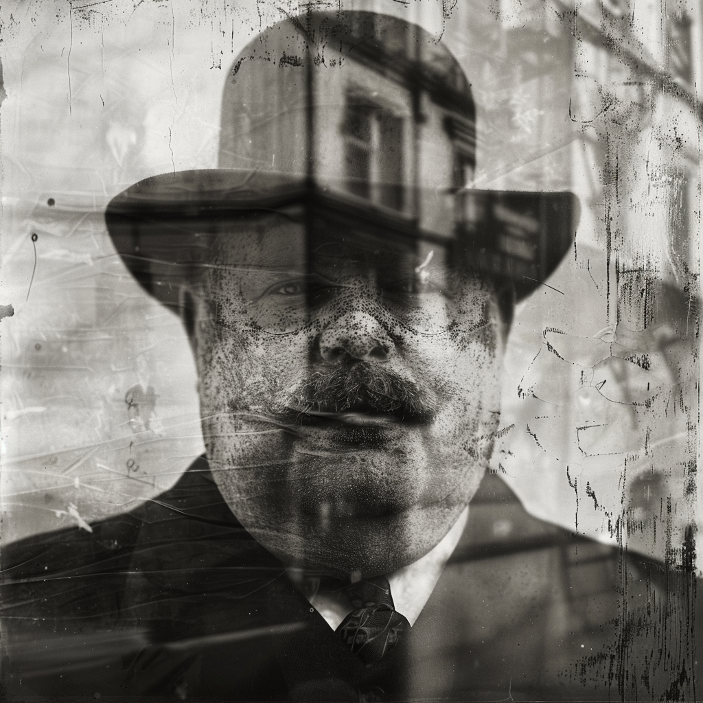 A black-and-white image of a stout, middle-aged man with a worried expression, wearing a suit and a hat, overlaid with a reflection of a building.