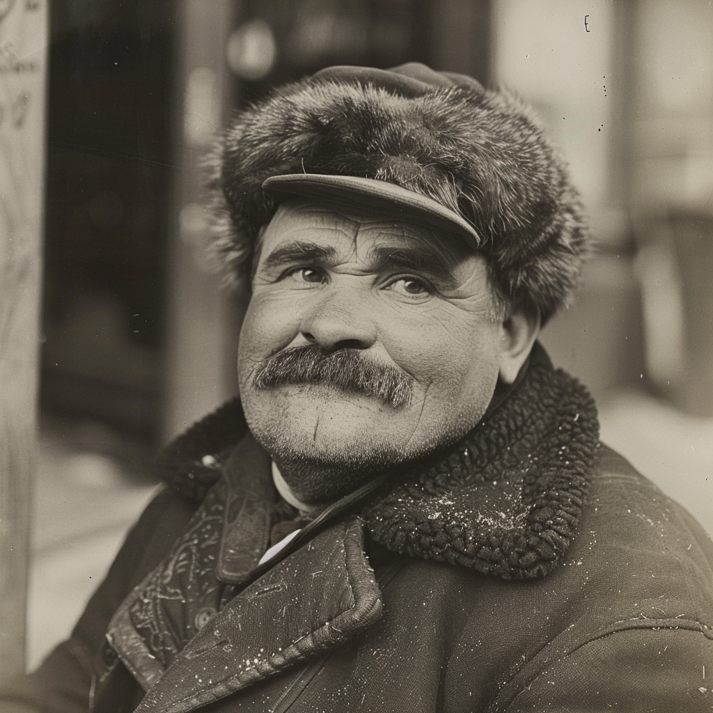 A stout man in his forties with a mustache and a fur hat sits outdoors, wearing a heavy coat. He appears nervous and worried.