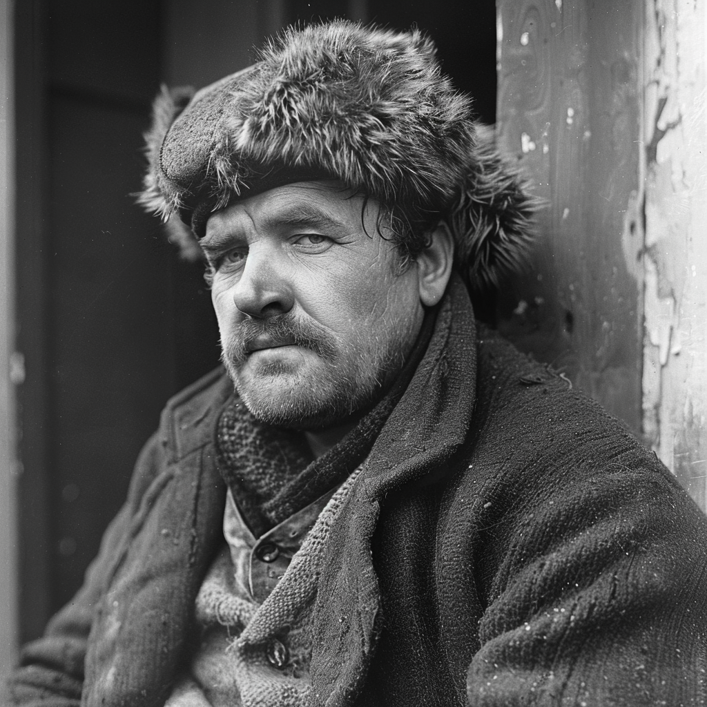 A middle-aged, stout man with a worried expression sits outside wearing a fur hat, embodying a shabby appearance. His attire and demeanor suggest someone around forty who might work for a local council.