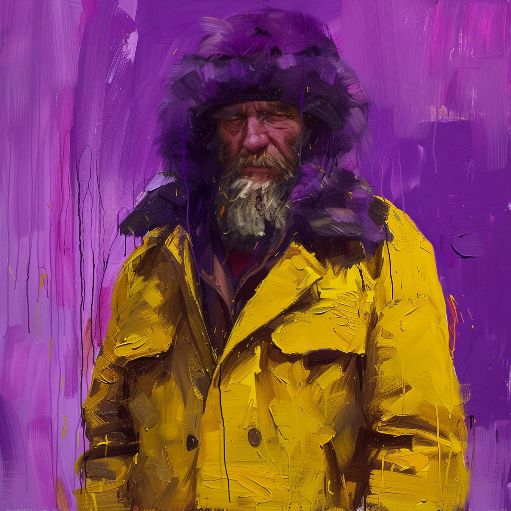 A middle-aged man with a pronounced stoutness, wearing a yellow coat and a purple fur hat, stands against a vibrant purple background. His expression is worried and nervous, echoing the book quote's description.