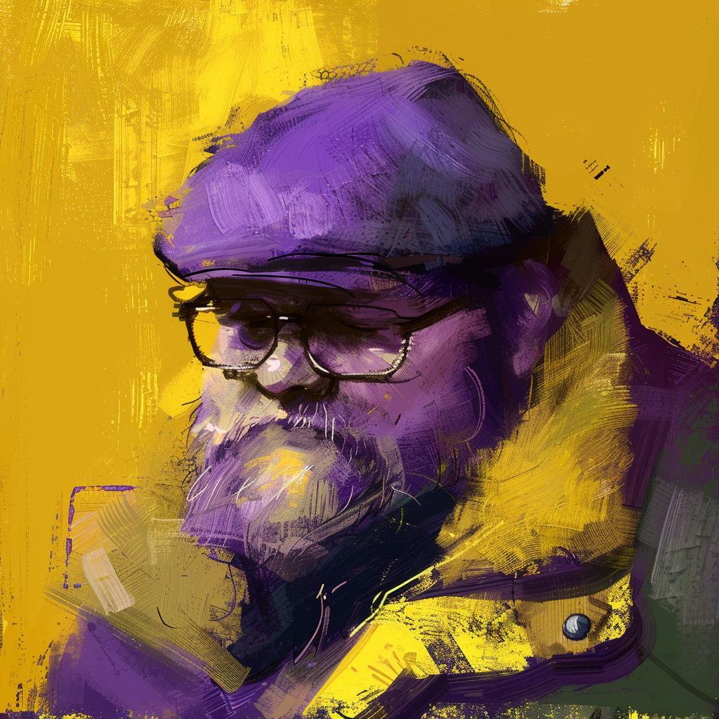 A digital painting of a stout, middle-aged man with a beard, wearing glasses and a fur hat. His expression appears nervous and worried. The background is predominantly yellow and purple.