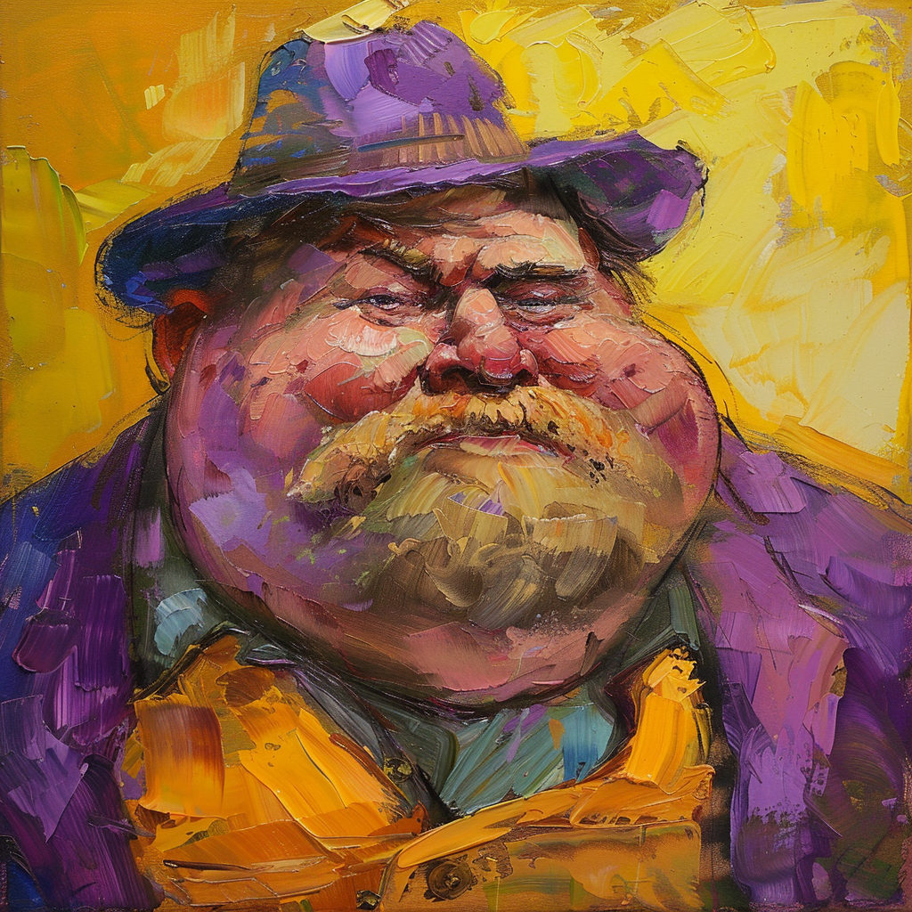 A vibrant, impressionistic painting of a stout, middle-aged man with a fur hat, reflecting a character who is anxious, overweight, shabbily dressed, and works for the local council.