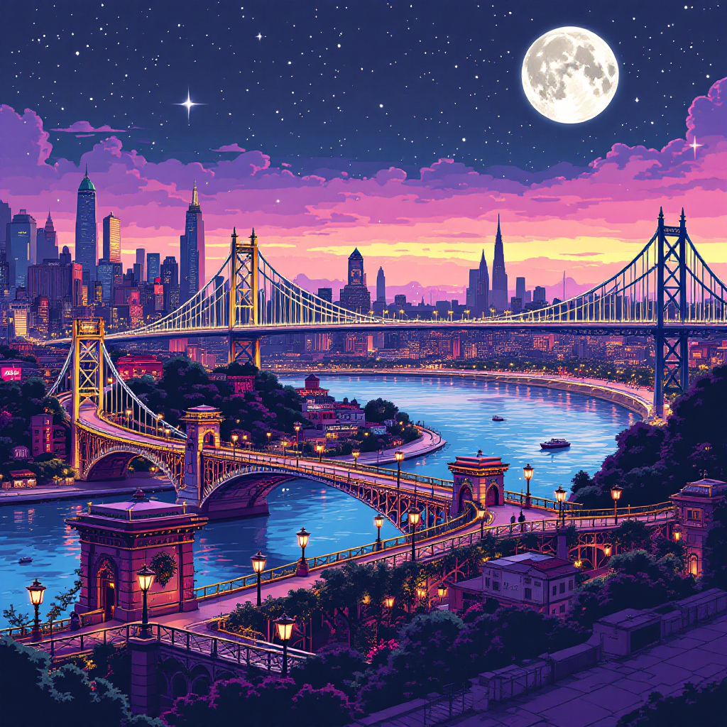 A vibrant cityscape at dusk, featuring illuminated bridges spanning a river, connecting different areas under a starry sky and a bright moon, symbolizing memories and connections.