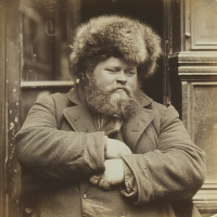 A stout, anxious-looking man in his forties, wearing a thick coat and a fur hat, leans against a wooden structure. His attire and demeanor reflect a shabby, worried appearance.