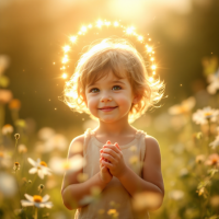 A joyful young girl stands among flowers, her hands clasped in a gesture of wonder, illuminated by a soft halo of light, embodying the essence of discovering one's purpose in life.