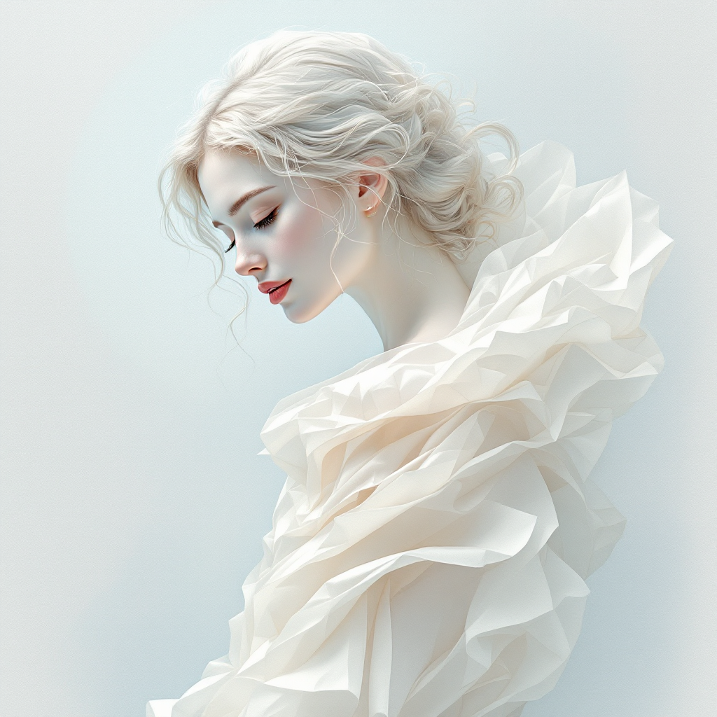 A serene profile of a woman with wavy, light hair, dressed in a flowing, ruffled white garment, capturing the essence of artistic expression and emotional depth.