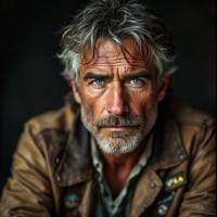 A rugged man with tousled gray hair and piercing blue eyes, wearing a brown leather jacket, embodies both strength and introspection, reflecting the essence of thought and action.