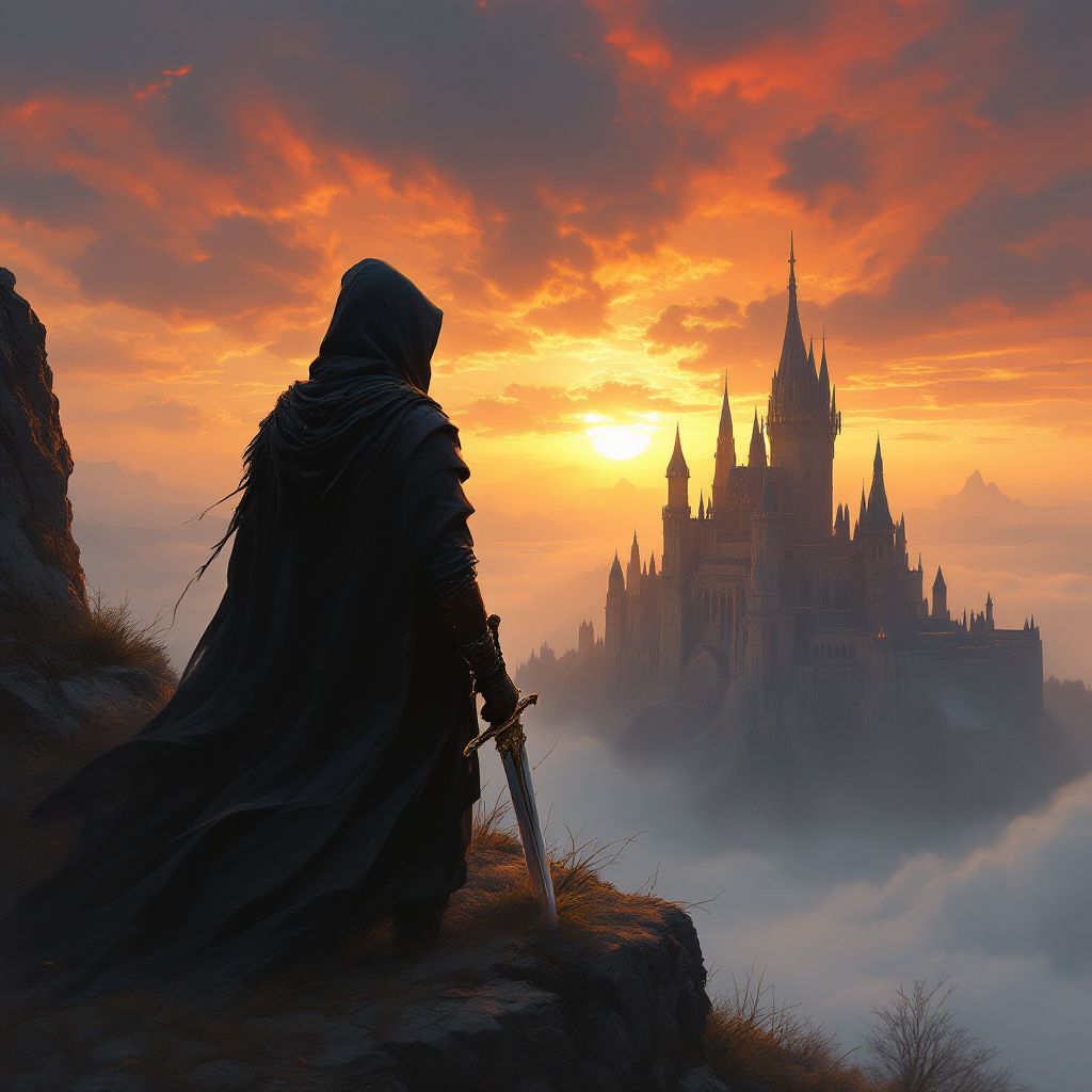 A cloaked figure stands on a rocky cliff, gazing towards a majestic castle in the distance, illuminated by a vibrant sunset, embodying the hope of new beginnings after loss.