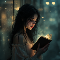 A young woman with long, dark hair leans against a window, reading a book that glows softly, surrounded by a dreamy atmosphere filled with sparkling lights, reflecting on life’s sadness and hope.