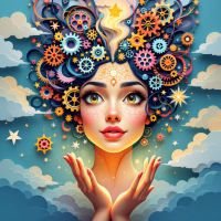 A vibrant woman with intricate gears and stars in her hair gazes upward, embodying curiosity as the essence of discovery and advancement, set against a blue sky with clouds.