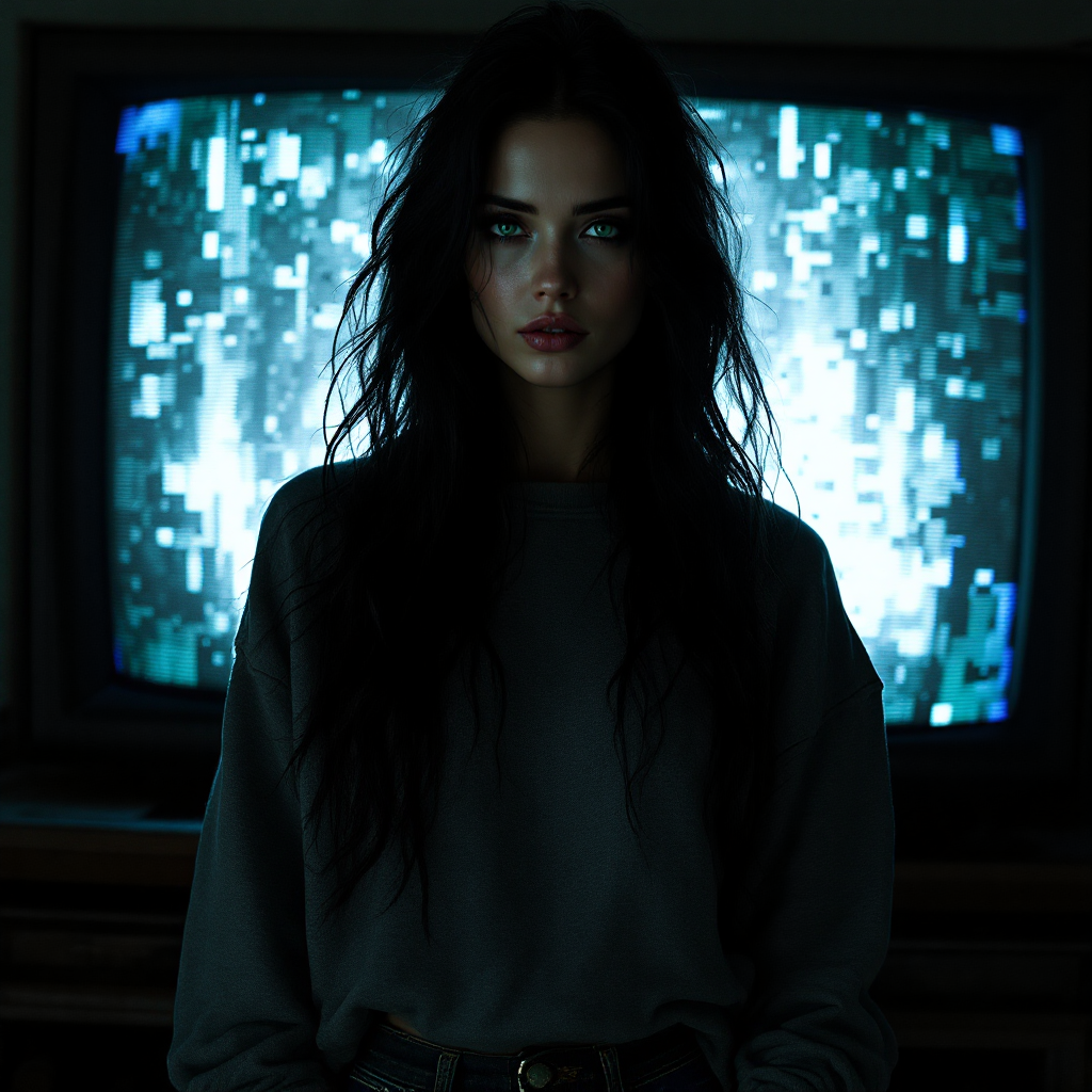 A calm, introspective woman with long, dark hair stands against a backdrop of a flickering vintage television, embodying the strength in quiet resilience.