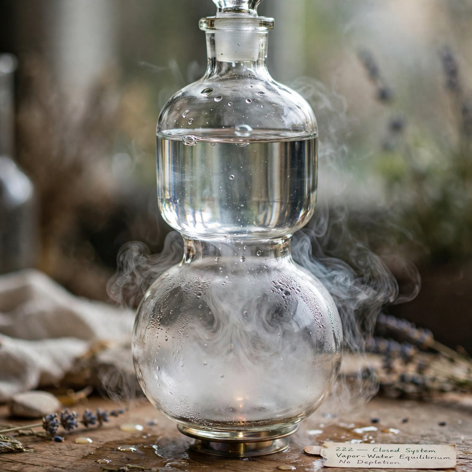 A clear glass bottle with two chambers: vapor swirls in the bottom chamber while water fills the top, creating a continuous, never-emptying effect.
