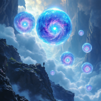 Five shimmering alien globes ascend toward a skymine, their murky cores veiling misty secrets, set against a dramatic backdrop of cliffs and swirling clouds.